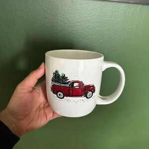 White mug Red pick up truck with Christmas trees